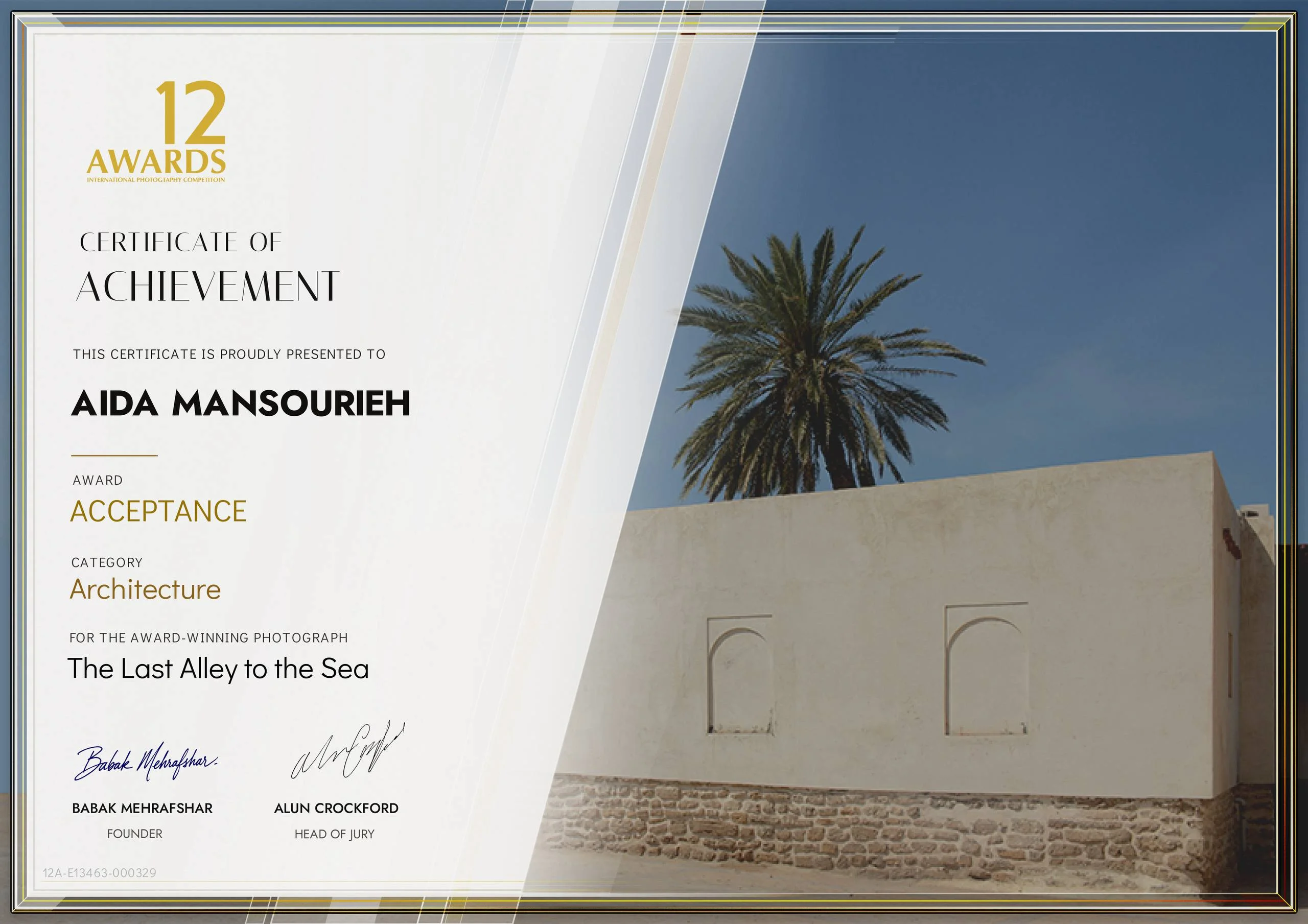 Certificate of Achievement from the 12 Awards International Photography Competition, awarded to Aida Mansourieh in the Architecture category